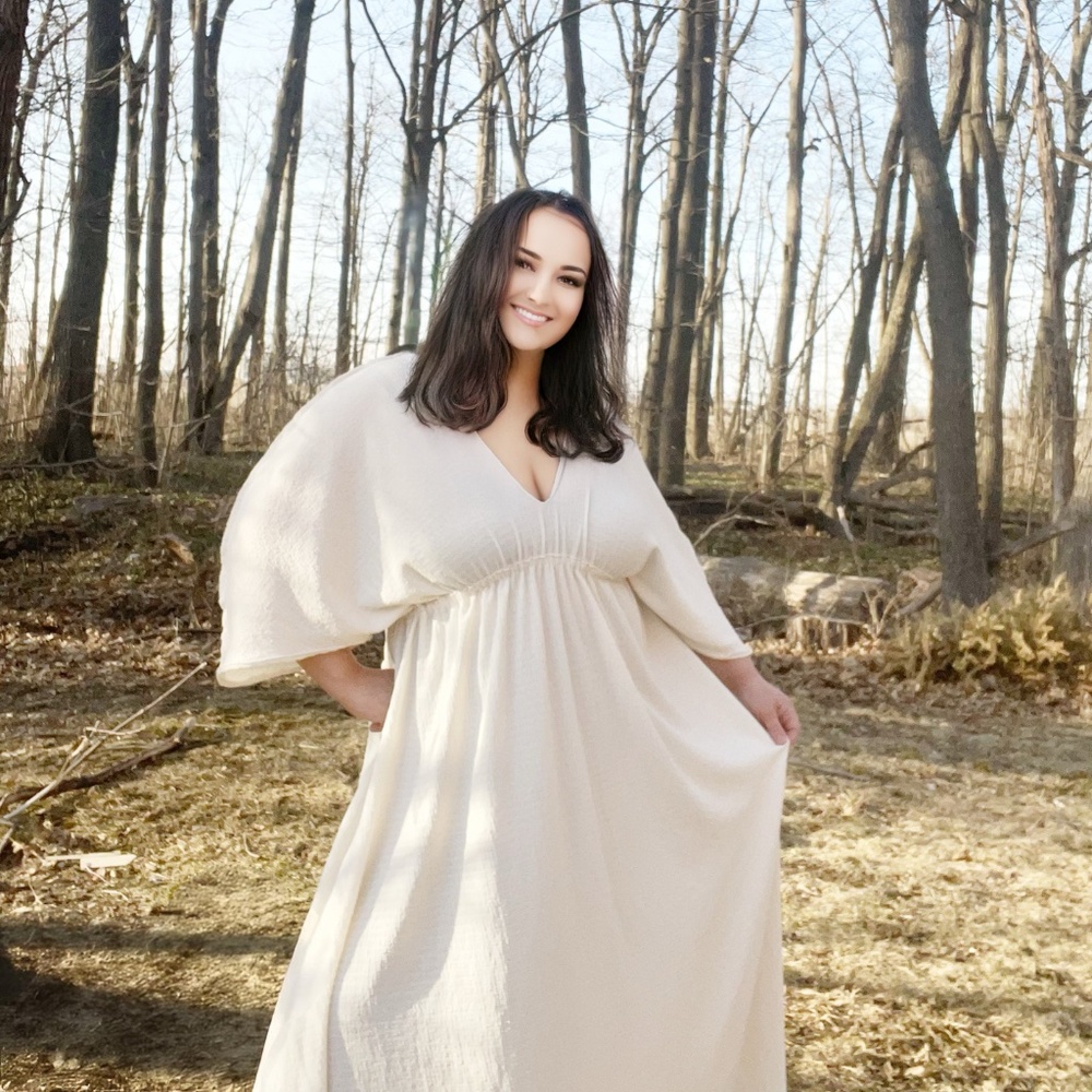 Soft Puckered Knit off white dress with  v neck and draped goddess handmade